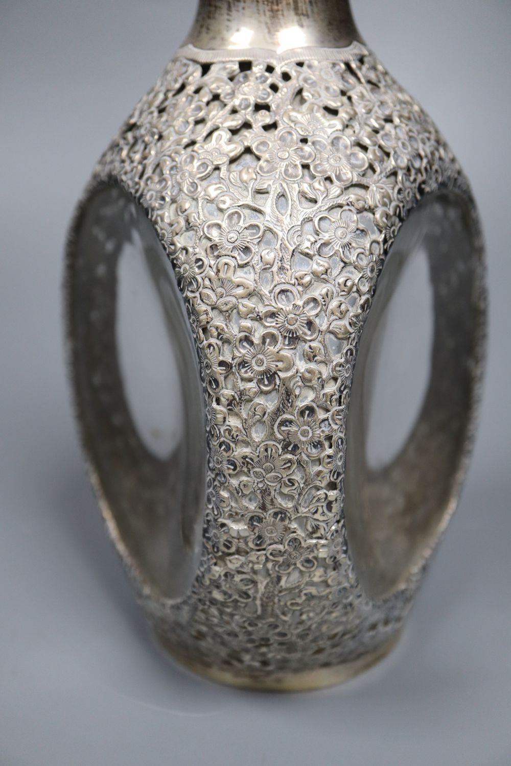 A Hong Kong sterling mounted Haigs bottle decanter and stopper, overall 26cm.